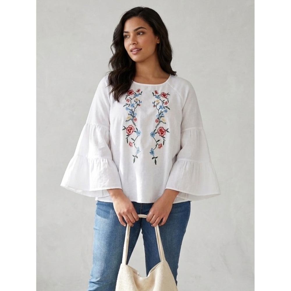Zara White Floral Embroidered Beaded Bell Sleeve Blouse XL Cottagecore Boho Chic